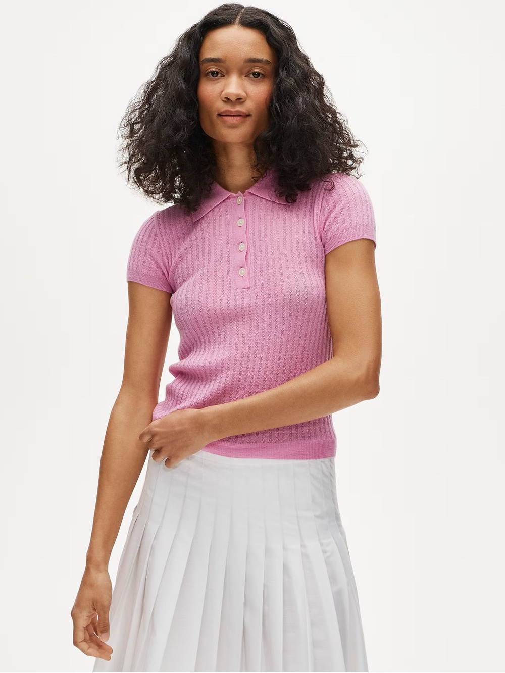 J.Crew Featherweight cashmere pointelle short-sleeve sweater-polo Size M